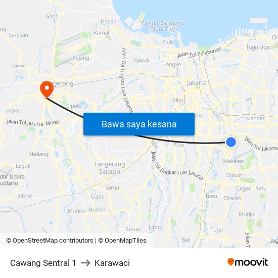 Cawang Sentral 1 to Karawaci map