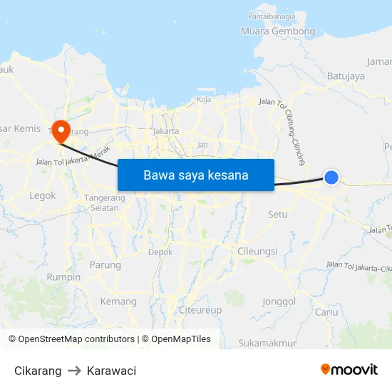 Cikarang to Karawaci map