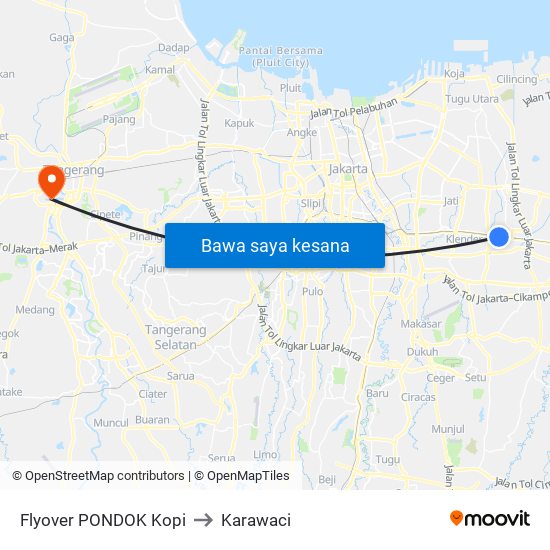 Flyover PONDOK Kopi to Karawaci map