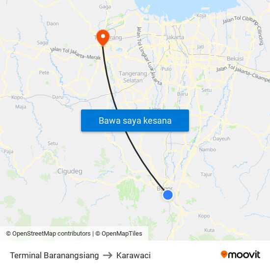 Terminal Baranangsiang to Karawaci map