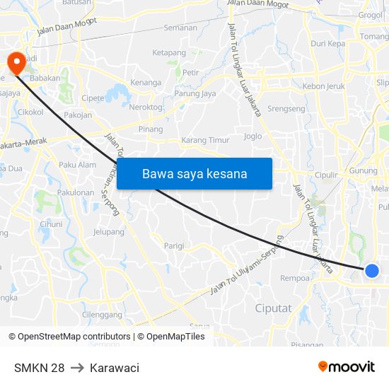 SMKN 28 to Karawaci map