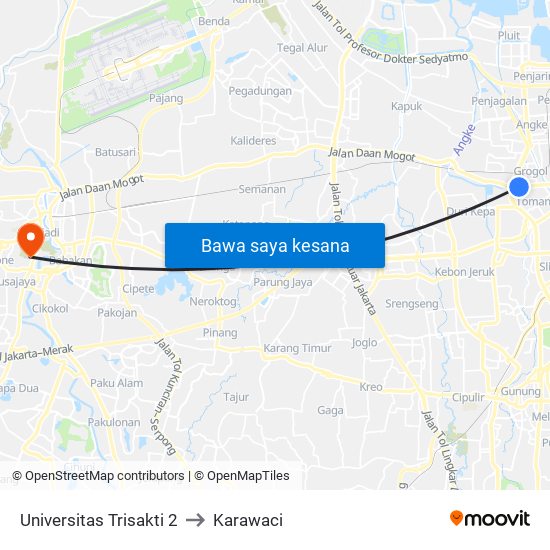 Universitas Trisakti 2 to Karawaci map