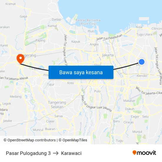 Pasar Pulogadung 3 to Karawaci map