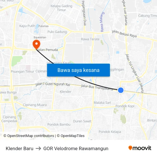 Klender Baru to GOR Velodrome Rawamangun map