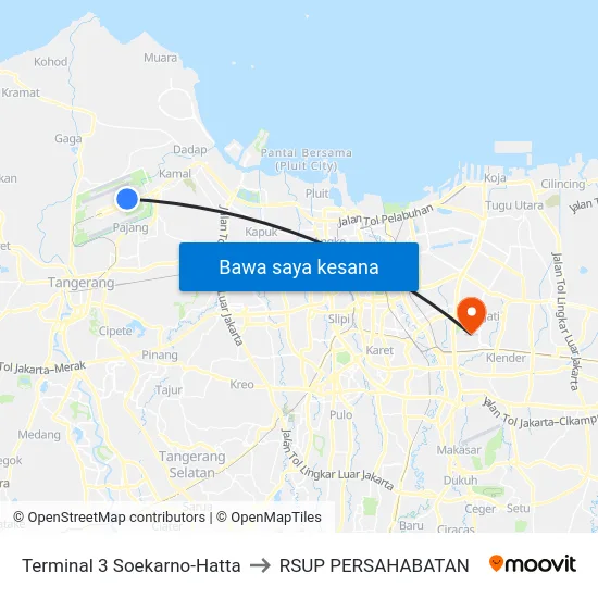 Terminal 3 Soekarno-Hatta to RSUP PERSAHABATAN map