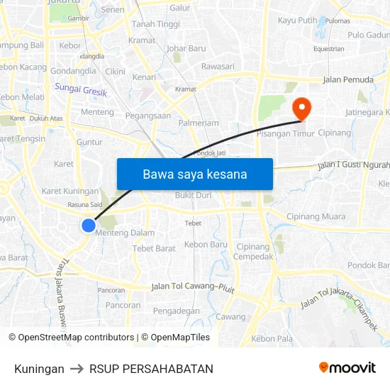 Kuningan to RSUP PERSAHABATAN map