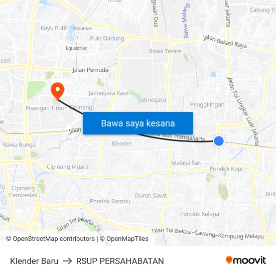 Klender Baru to RSUP PERSAHABATAN map