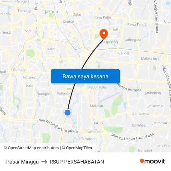 Pasar Minggu to RSUP PERSAHABATAN map