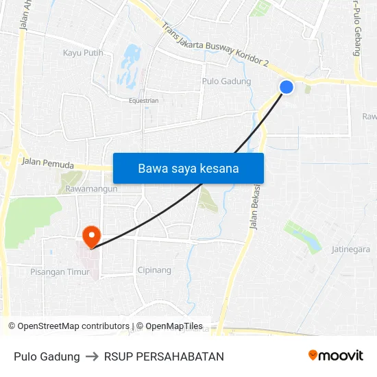 Pulo Gadung to RSUP PERSAHABATAN map