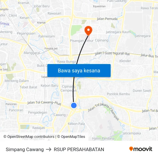 Simpang Cawang to RSUP PERSAHABATAN map