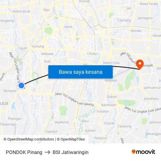 PONDOK Pinang to BSI Jatiwaringin map