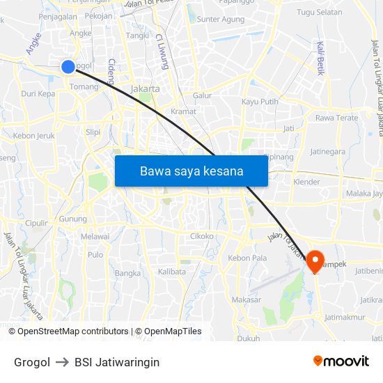 Grogol to BSI Jatiwaringin map