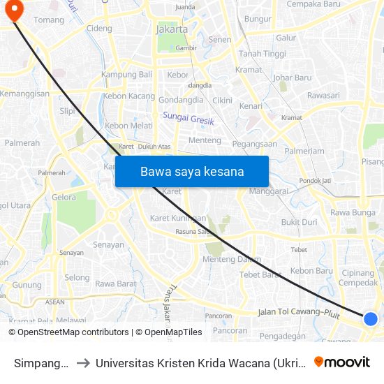 Simpang Cawang to Universitas Kristen Krida Wacana (Ukrida) Kampus Tanjung Duren map