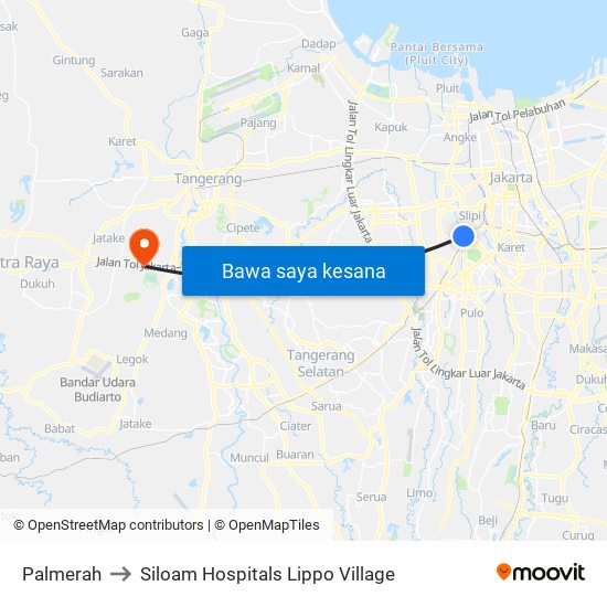 Palmerah to Siloam Hospitals Lippo Village map