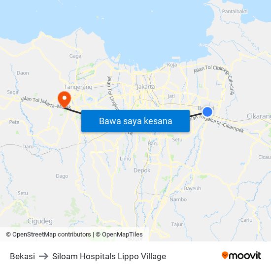 Bekasi to Siloam Hospitals Lippo Village map