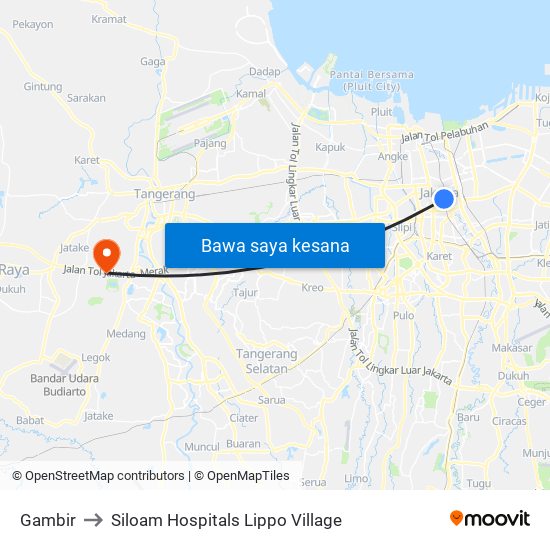 Gambir to Siloam Hospitals Lippo Village map