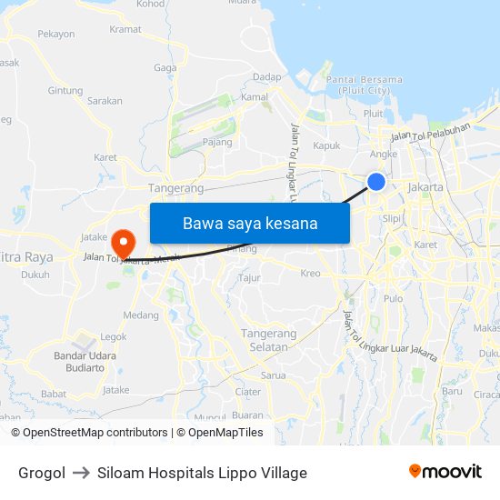 Grogol to Siloam Hospitals Lippo Village map