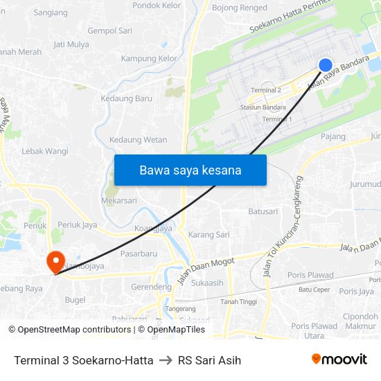 Terminal 3 Soekarno-Hatta to RS Sari Asih map