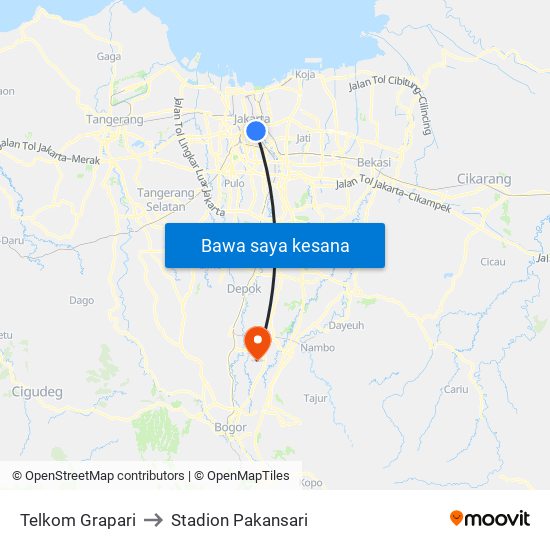 Telkom Grapari to Stadion Pakansari map