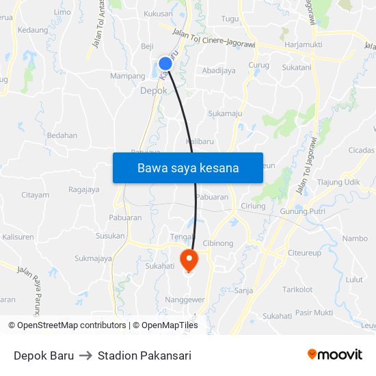 Depok Baru to Stadion Pakansari map