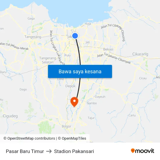 Pasar Baru Timur to Stadion Pakansari map