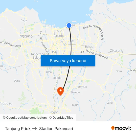 Tanjung Priok to Stadion Pakansari map