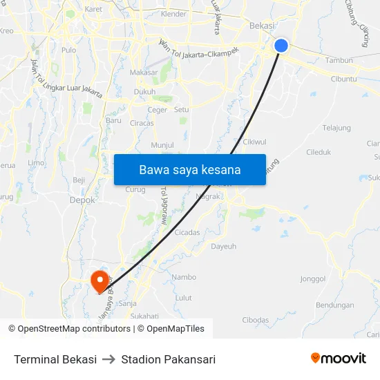 Terminal Bekasi to Stadion Pakansari map