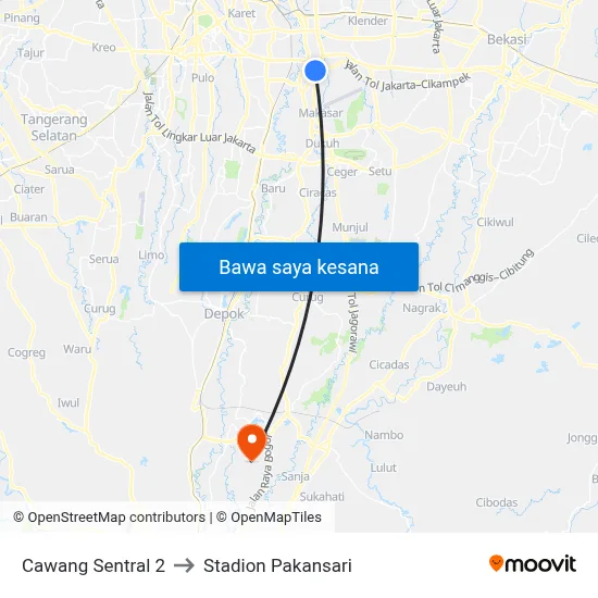Cawang Sentral 2 to Stadion Pakansari map