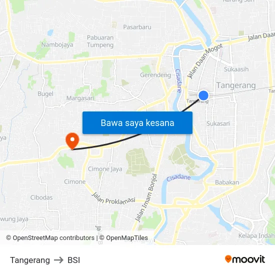 Tangerang to BSI map