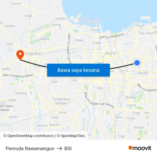 Pemuda Rawamangun to BSI map