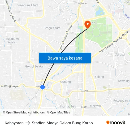Kebayoran to Stadion Madya Gelora Bung Karno map
