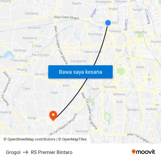 Grogol to RS Premier Bintaro map