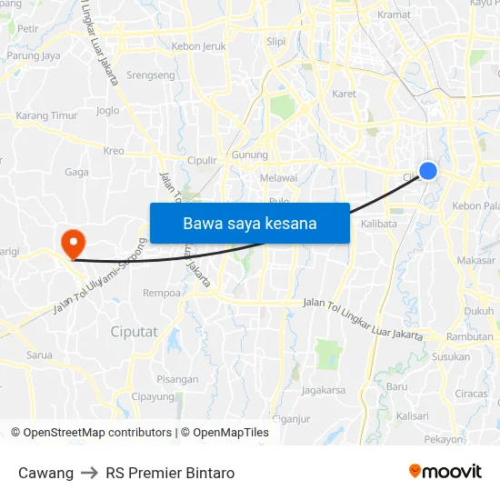 Cawang to RS Premier Bintaro map