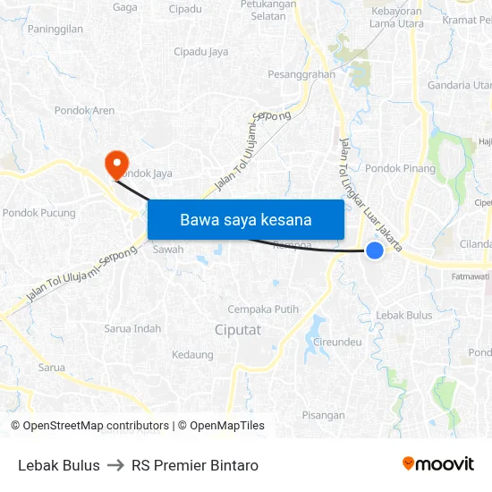 Lebak Bulus to RS Premier Bintaro map