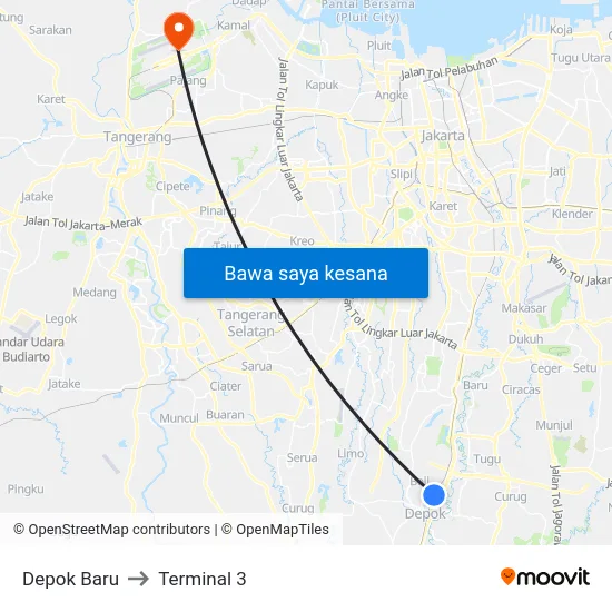 Depok Baru to Terminal 3 map