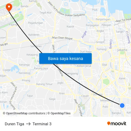 Duren Tiga to Terminal 3 map
