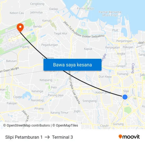 Slipi Petamburan 1 to Terminal 3 map