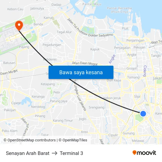 Senayan Arah Barat to Terminal 3 map