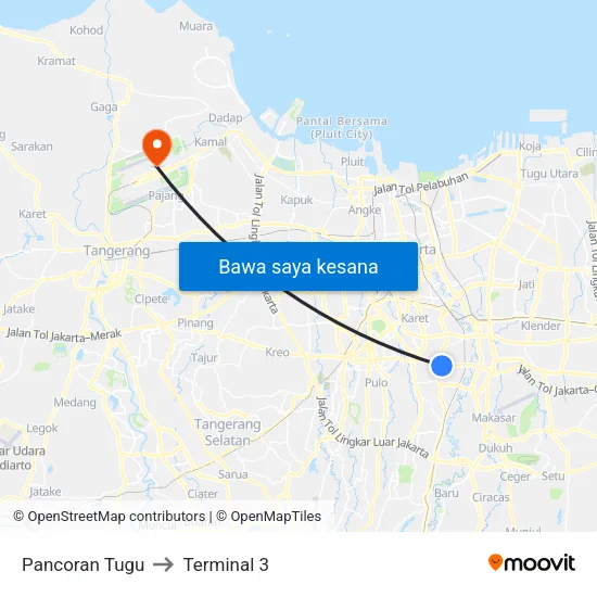 Pancoran Tugu to Terminal 3 map