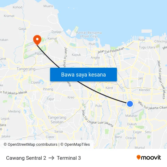 Cawang Sentral 2 to Terminal 3 map