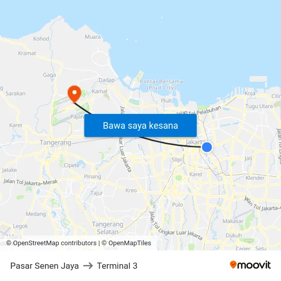 Pasar Senen Jaya to Terminal 3 map