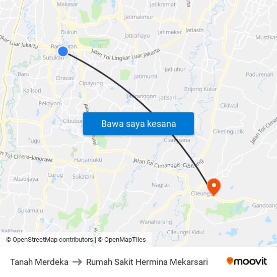 Tanah Merdeka to Rumah Sakit Hermina Mekarsari map