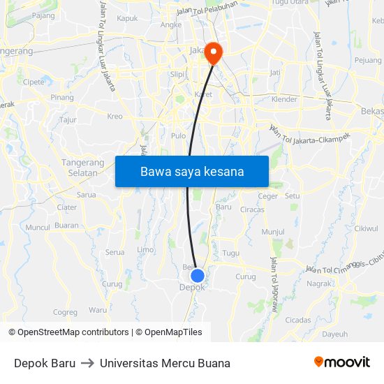 Depok Baru to Universitas Mercu Buana map