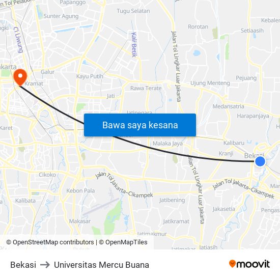 Bekasi to Universitas Mercu Buana map