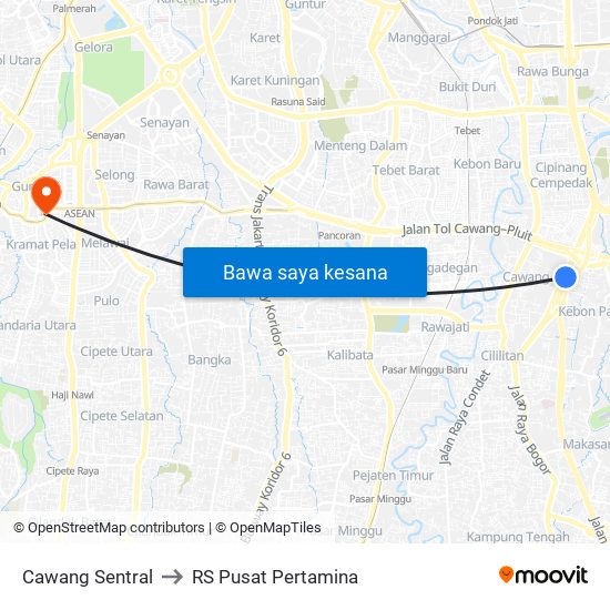 Cawang Sentral to RS Pusat Pertamina map