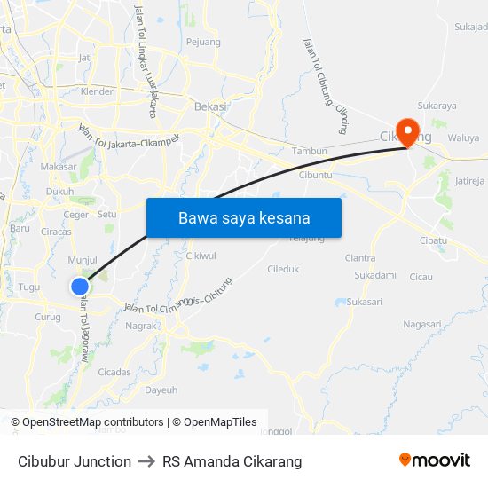 Cibubur Junction to RS Amanda Cikarang map