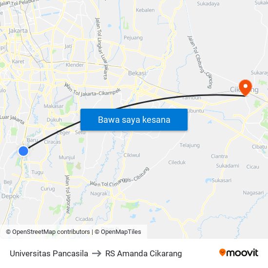 Universitas Pancasila to RS Amanda Cikarang map