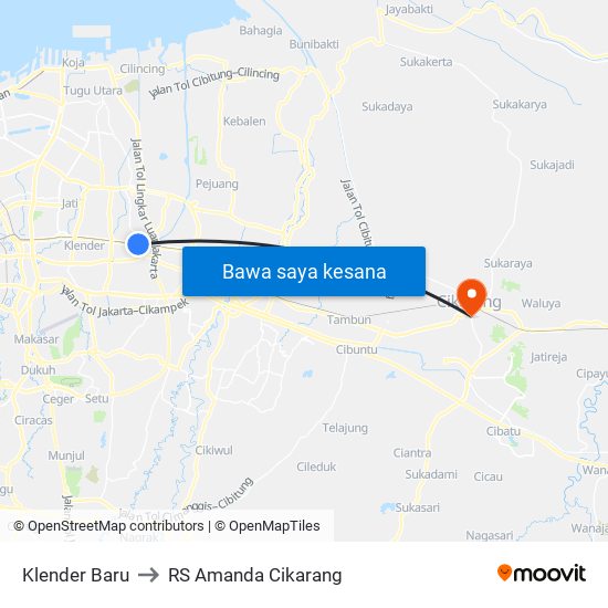 Klender Baru to RS Amanda Cikarang map