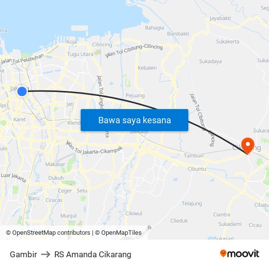 Gambir to RS Amanda Cikarang map