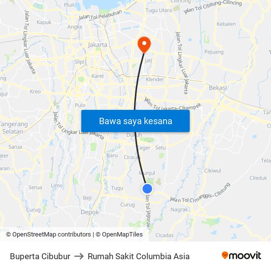 Buperta Cibubur to Rumah Sakit Columbia Asia map